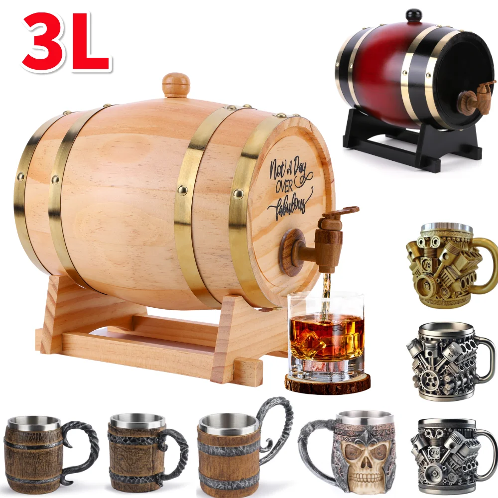 Wine Beer Whiskey - ถังไม้สำหรับวิสกี้ขนาด 3 ลิตร พร้อมขาตั้ง ฝาปิด และก๊อก