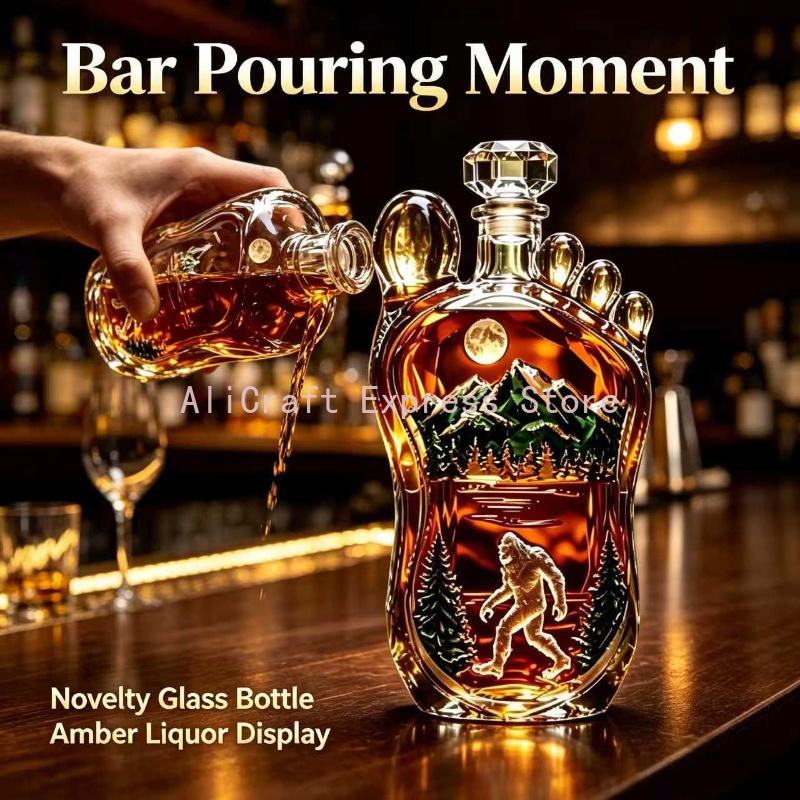 Wine Beer And Spirits - ขวดเหล้าวิสกี้ลายรอยเท้าบิ๊กฟุต, ขวดแก้วเหล้าซาสควอทช์จากป่าลึก, ของตกแต่งบาร์ในบ้าน, ถ้ำผู้ชาย, กระท่อม, ของสะสม,