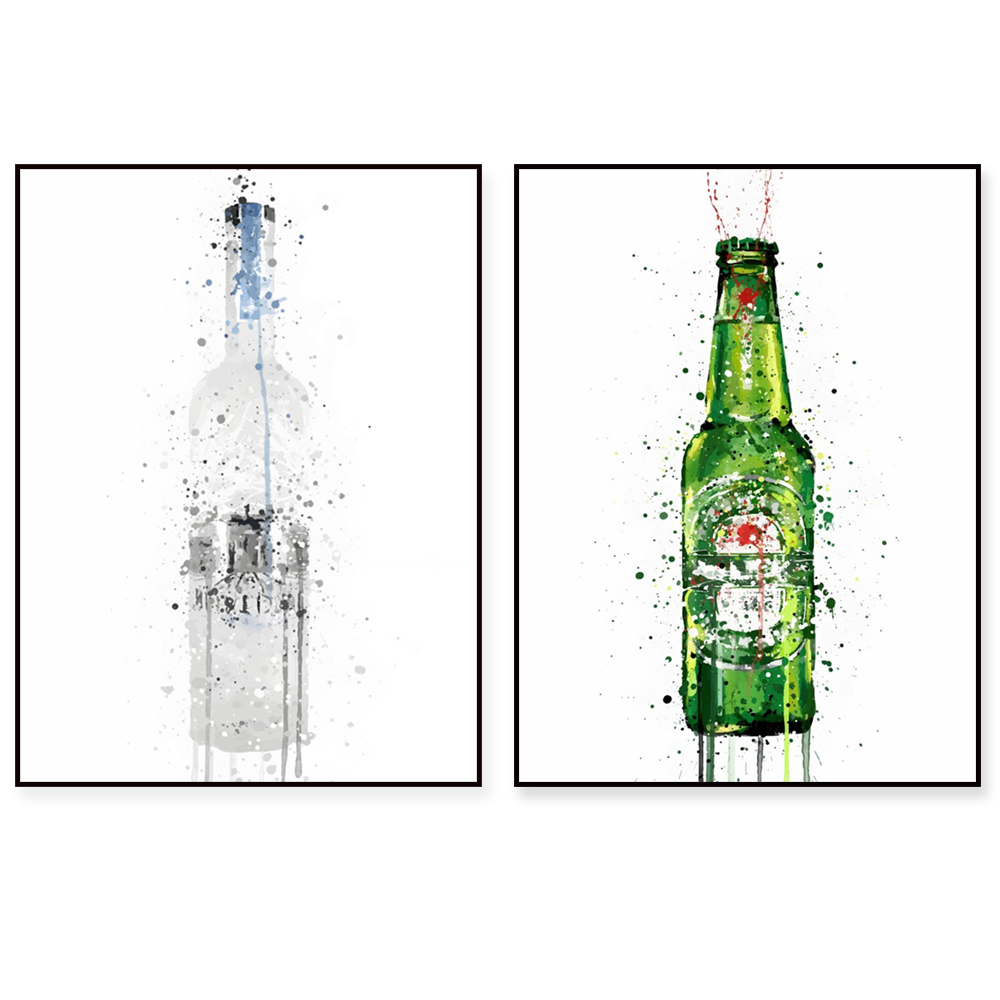 Beer Wine Gin - โปสเตอร์ศิลปะแชมเปญ เบียร์ จิน ขวดวิสกี้ ขวดแชมเปญ ภาพสีน้ำตกแต่งบาร์