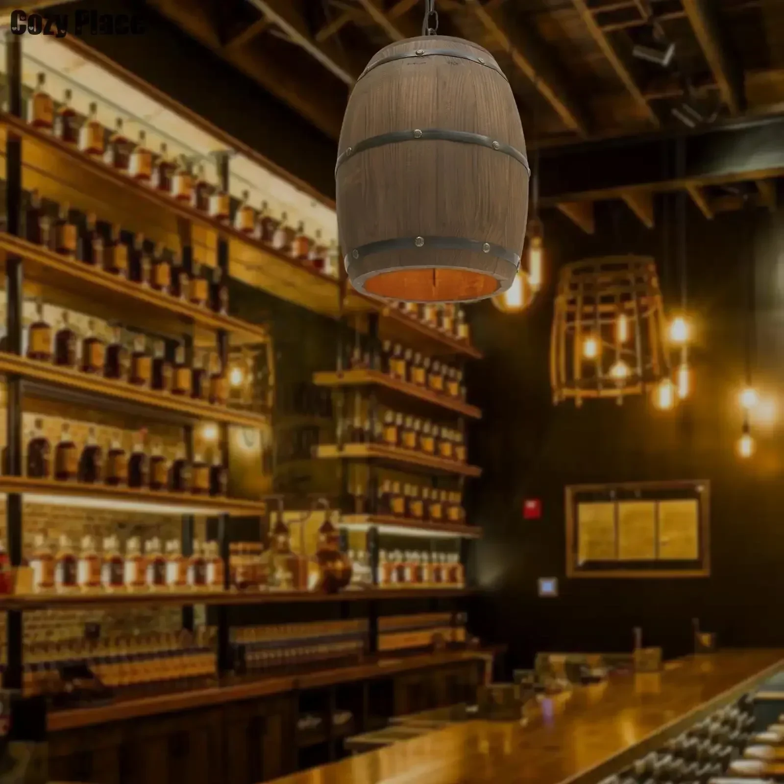 Wine & Beer Emporium - โคมไฟสไตล์ Rustic วินเทจ โคมไฟระย้าไม้ โคมไฟแขวนรูปถังไวน์ ของตกแต่งบ้าน